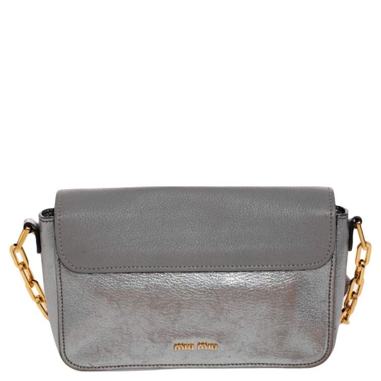 Pre Owned Miu Miu Grey/Silver Madras Leather Push Lock Shoulder Bag
