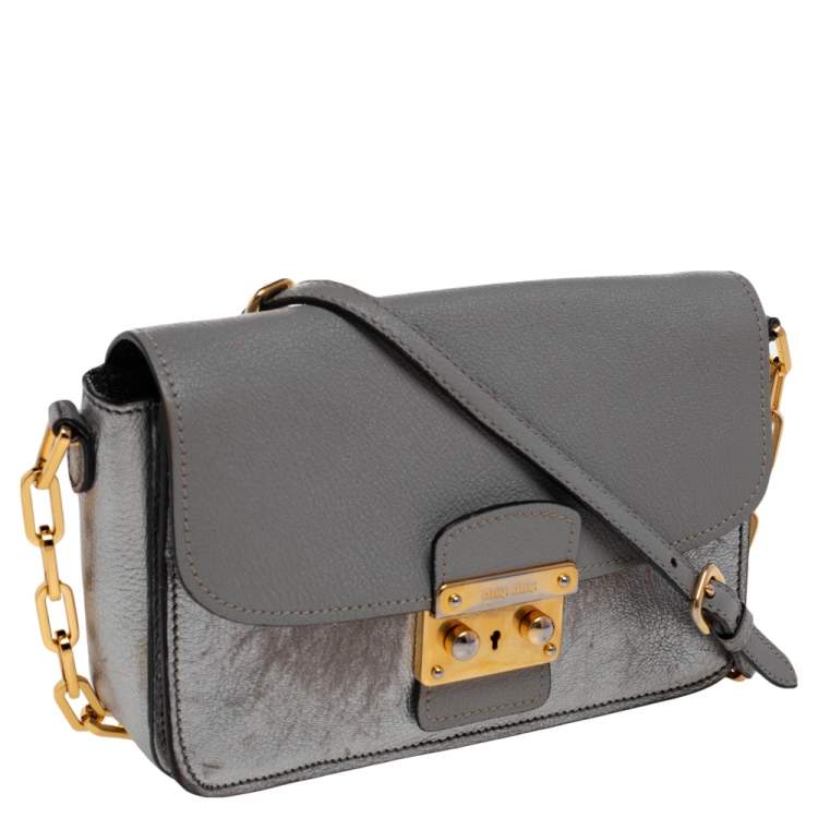 Pre Owned Miu Miu Grey/Silver Madras Leather Push Lock Shoulder Bag