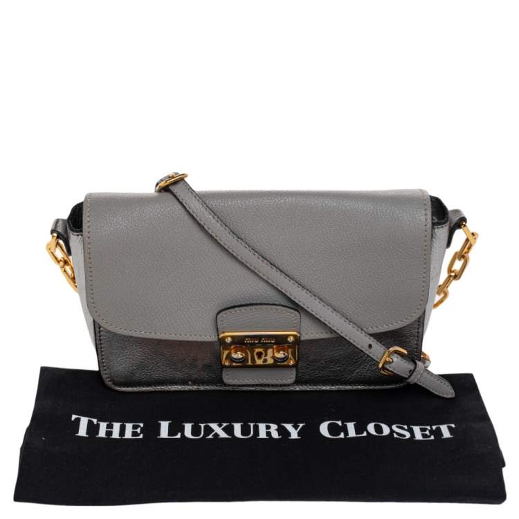Pre Owned Miu Miu Grey/Silver Madras Leather Push Lock Shoulder Bag