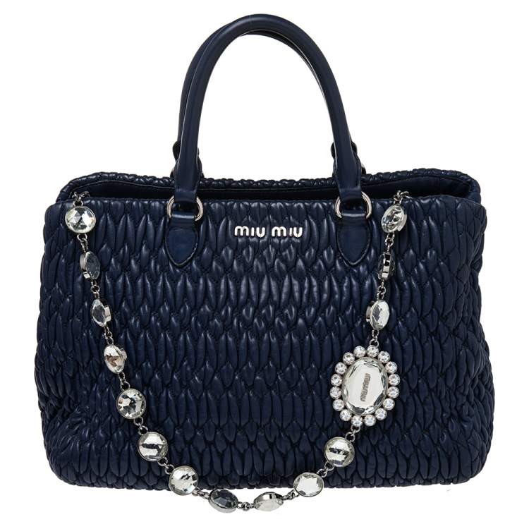 Miu Miu Blue Matelasse Nappa Leather Crystal Tote Miu Miu