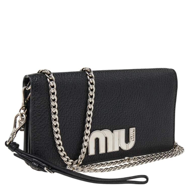 Pre Owned Miu Miu Black Leather Wristlet Wallet on Chain