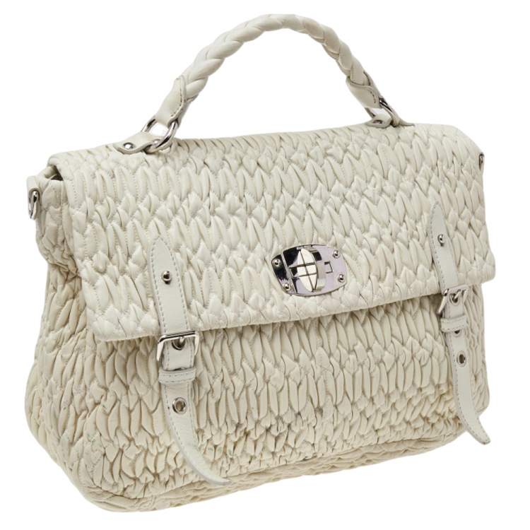 Pre Owned Miu Miu White Matelassé Nappa Leather Turnlock Top Handle Bag