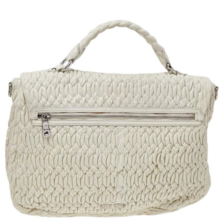 Pre Owned Miu Miu White Matelassé Nappa Leather Turnlock Top Handle Bag