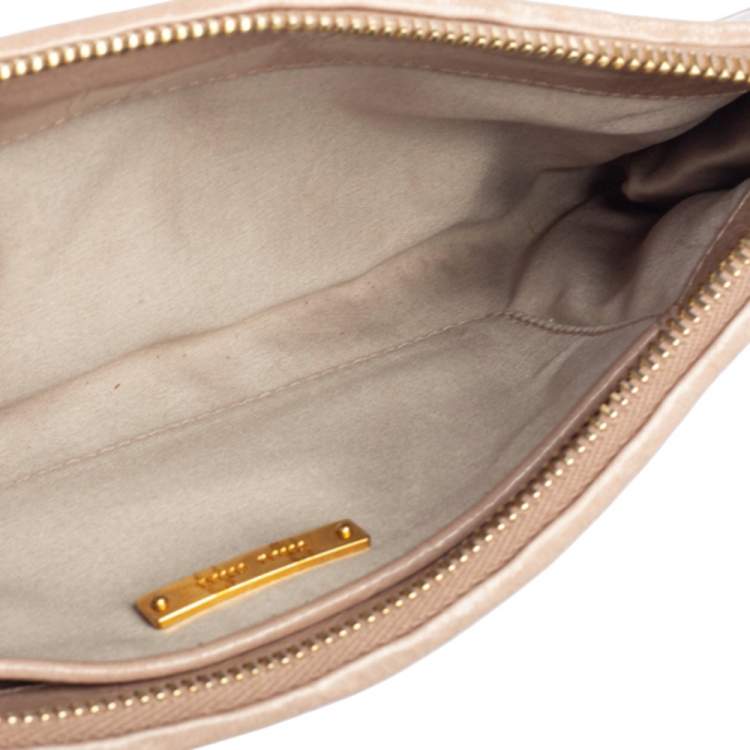 Pre Owned Miu Miu Beige Matelasse Lux Leather Zip Wristlet Clutch