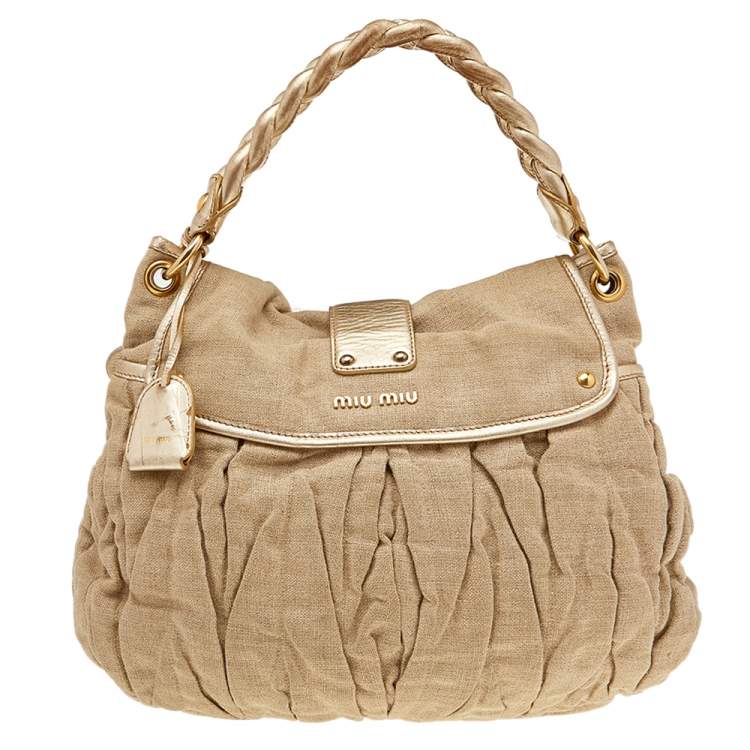 Pre Owned Miu Miu Beige Matelassé Jute And Leather Coffer Hobo