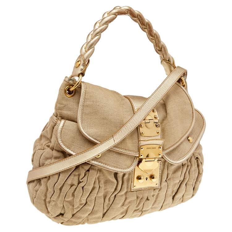 Pre Owned Miu Miu Beige Matelassé Jute And Leather Coffer Hobo