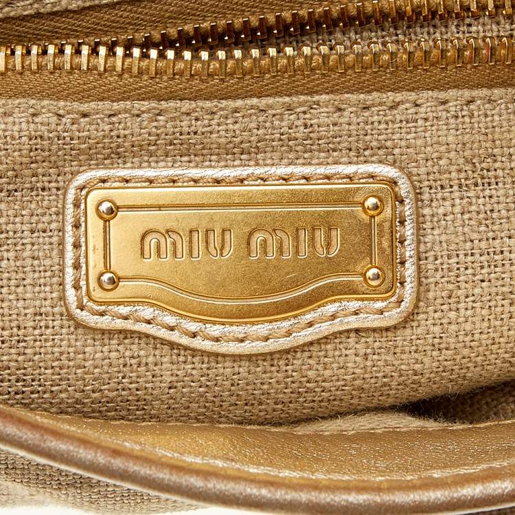 Pre Owned Miu Miu Beige Matelassé Jute And Leather Coffer Hobo