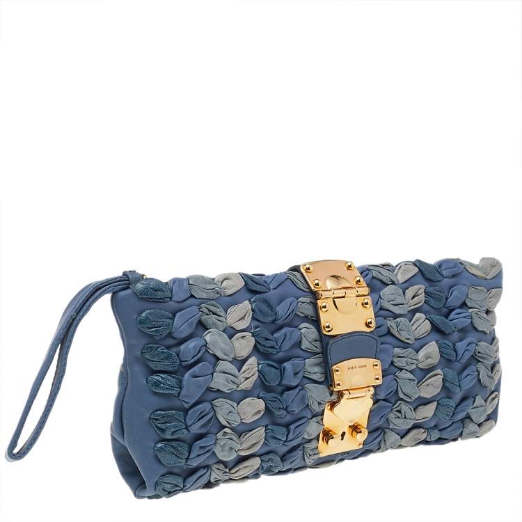 Pre Owned Miu Miu Blue/Grey Leather Wristlet Clutch