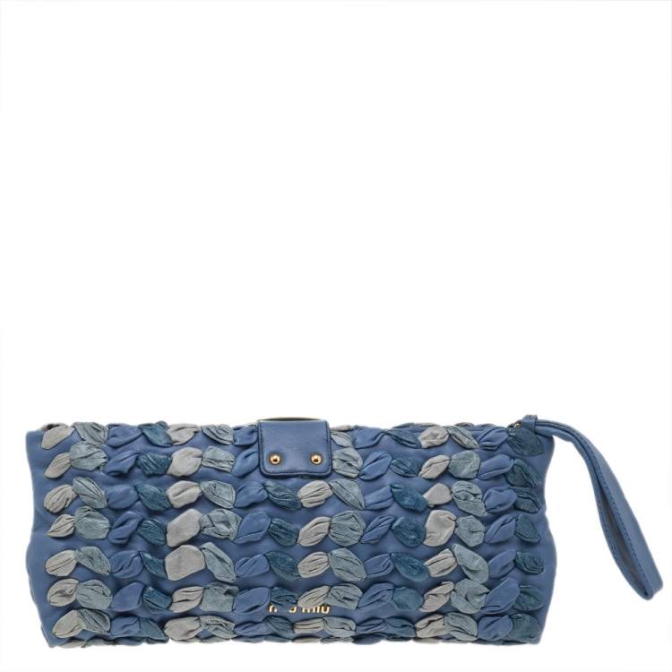 Pre Owned Miu Miu Blue/Grey Leather Wristlet Clutch