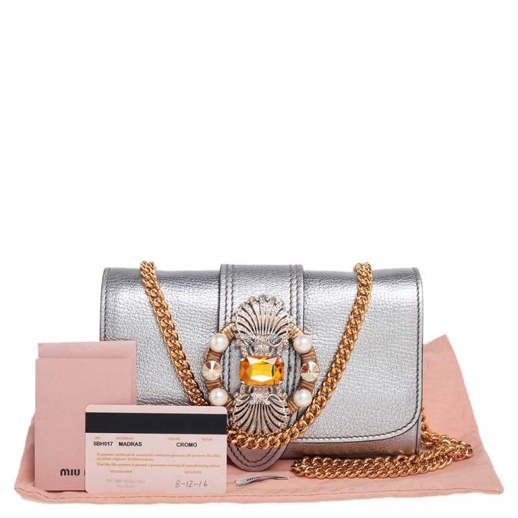 Pre Owned Miu Miu Silver Madras Leather Jewel Embellished Chain Clutch