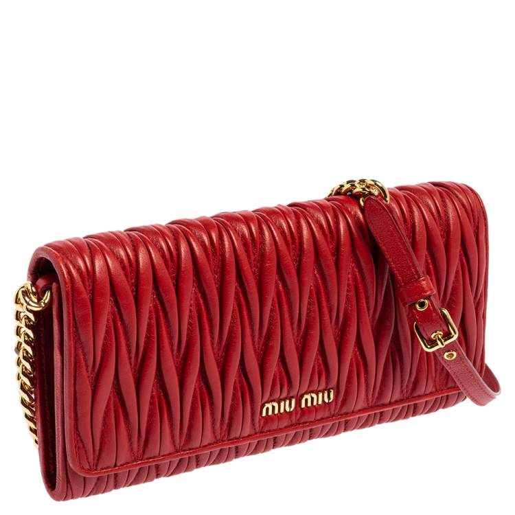 Pre Owned Miu Miu Red Matelasse Leather Flap Wallet On Chain