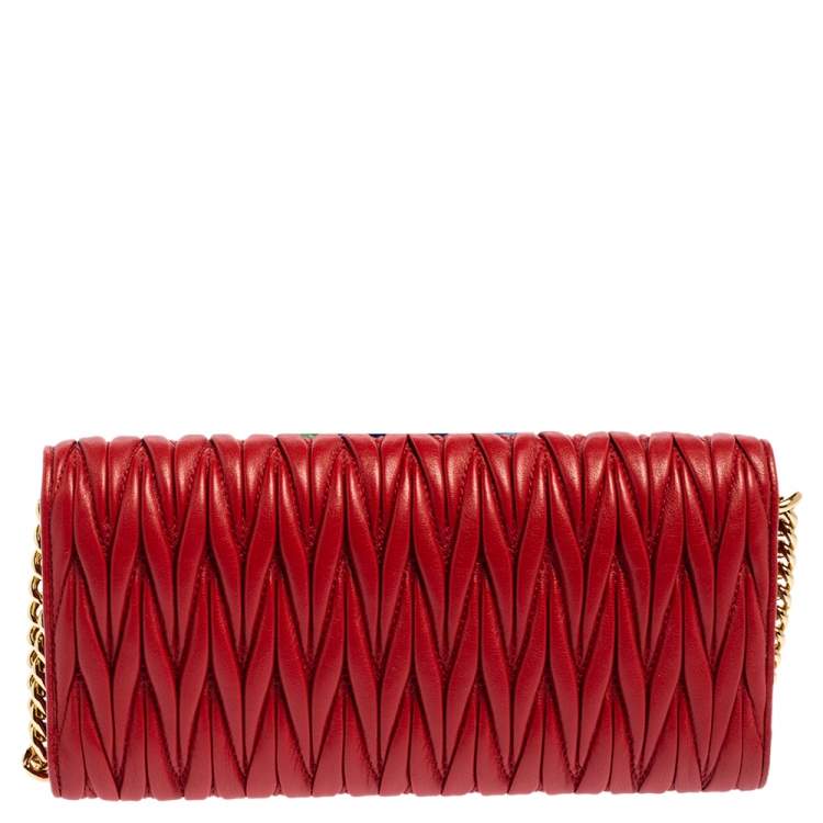 Pre Owned Miu Miu Red Matelasse Leather Flap Wallet On Chain