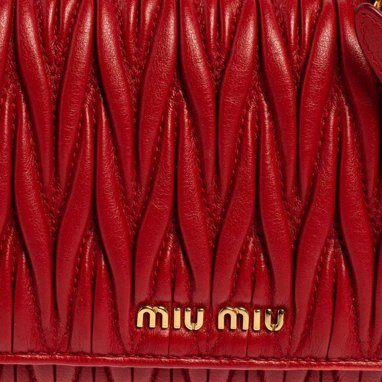 Pre Owned Miu Miu Red Matelasse Leather Flap Wallet On Chain