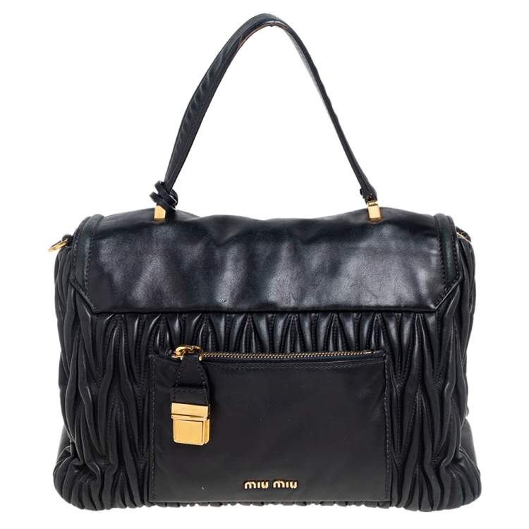 Pre Owned Miu Miu Black Matelassé Leather Push Lock Top Handle Bag
