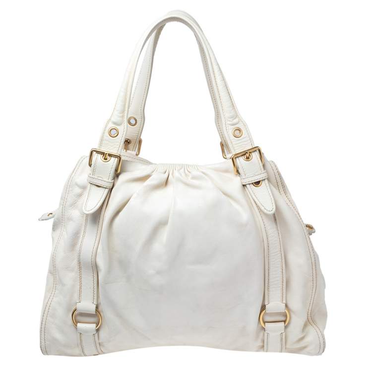 Pre Owned Miu Miu White Leather Large Shopping Tote