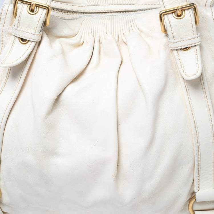 Pre Owned Miu Miu White Leather Large Shopping Tote