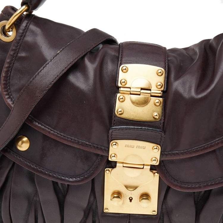 Pre Owned Miu Miu Dark Brown Matelassé Lux Leather Coffer Hobo