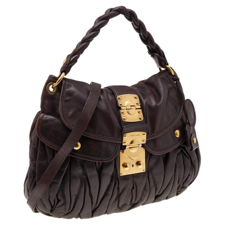 Pre Owned Miu Miu Dark Brown Matelassé Lux Leather Coffer Hobo