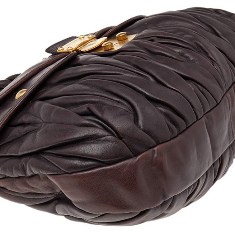 Pre Owned Miu Miu Dark Brown Matelassé Lux Leather Coffer Hobo