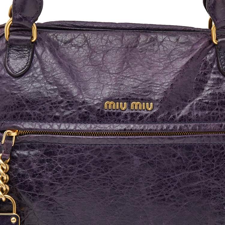 Pre Owned Miu Miu Purple Distressed Leather Charm Satchel