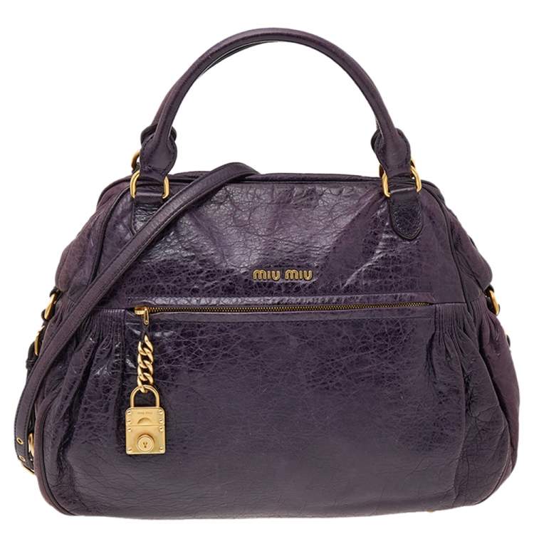 Pre Owned Miu Miu Purple Distressed Leather Charm Satchel