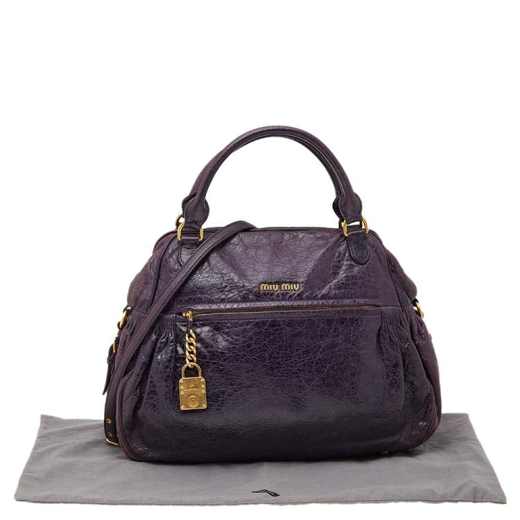 Pre Owned Miu Miu Purple Distressed Leather Charm Satchel