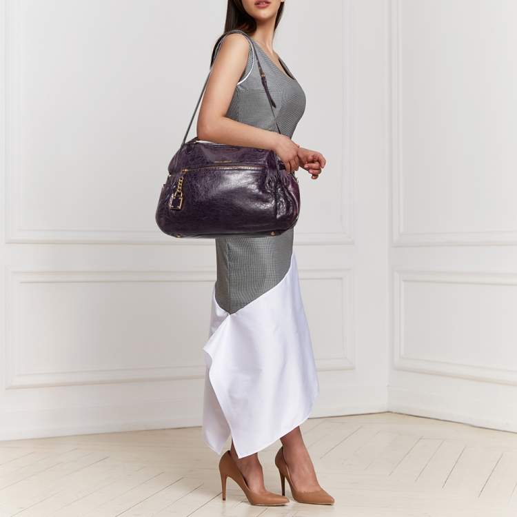 Pre Owned Miu Miu Purple Distressed Leather Charm Satchel