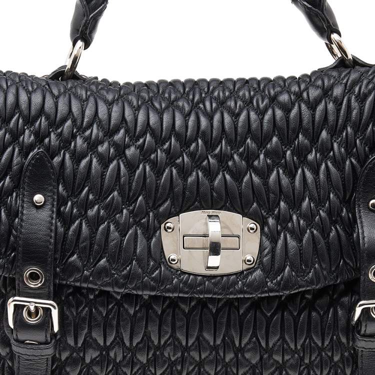 Pre Owned Miu Miu Black Matelassé Leather Turnlock Flap Top Handle Bag
