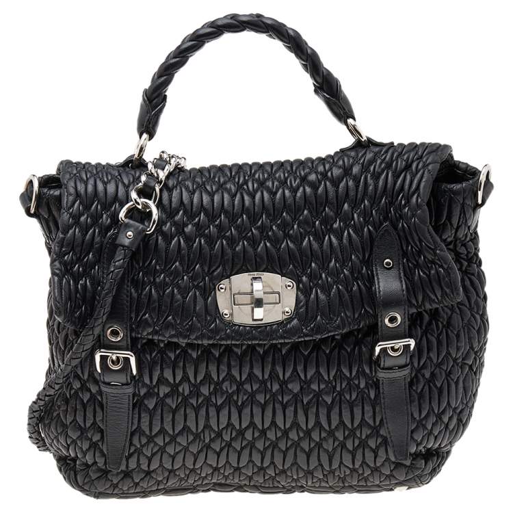Pre Owned Miu Miu Black Matelassé Leather Turnlock Flap Top Handle Bag