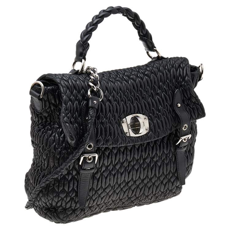 Pre Owned Miu Miu Black Matelassé Leather Turnlock Flap Top Handle Bag