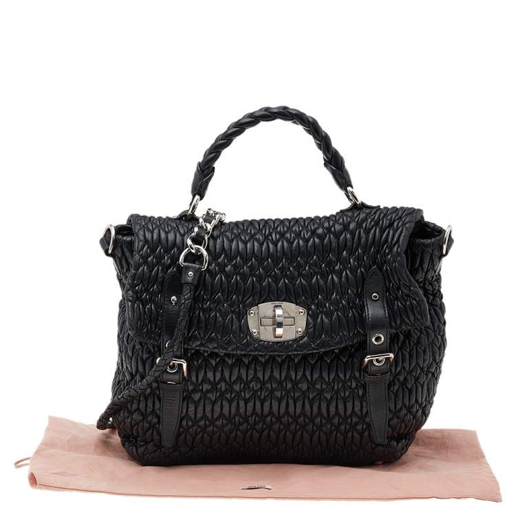 Pre Owned Miu Miu Black Matelassé Leather Turnlock Flap Top Handle Bag