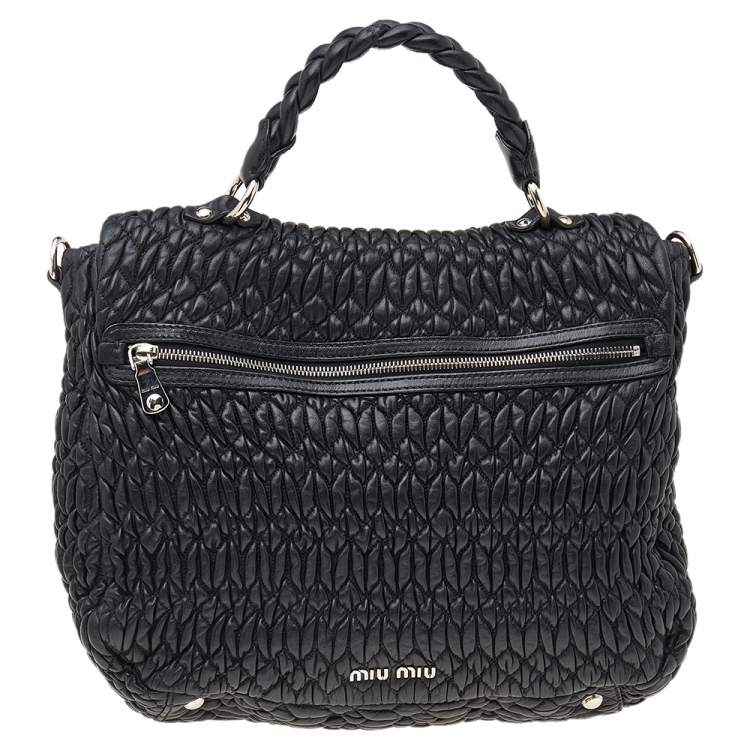 Pre Owned Miu Miu Black Matelassé Leather Turnlock Flap Top Handle Bag
