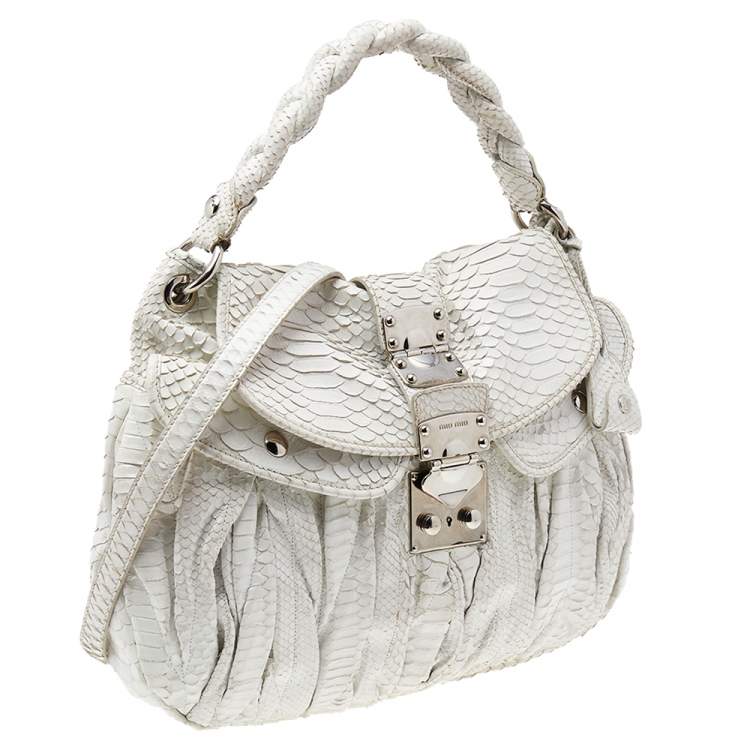 Pre Owned Miu Miu White Matelassé Python Coffer Hobo