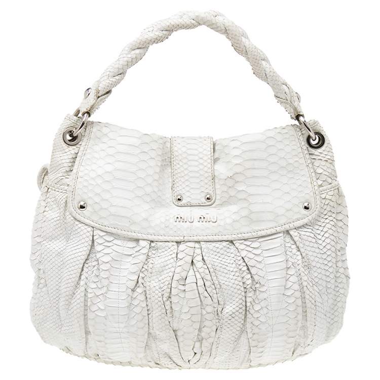 Pre Owned Miu Miu White Matelassé Python Coffer Hobo