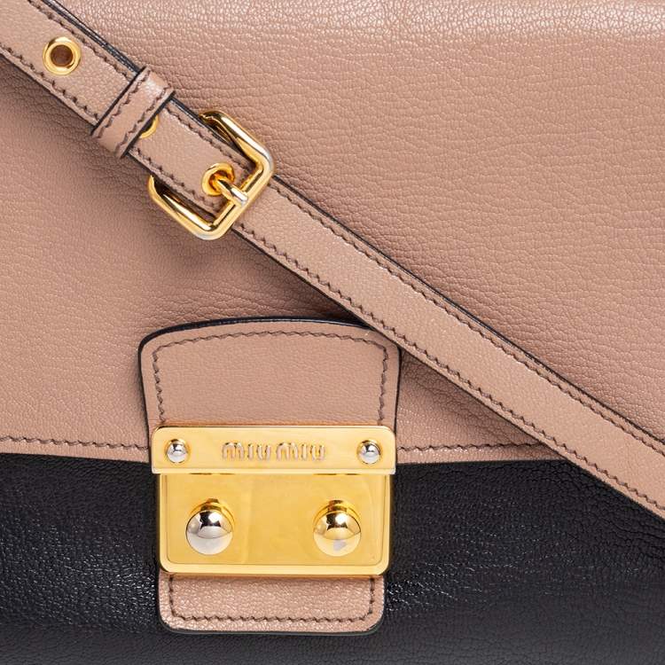Pre Owned Miu Miu Black/Beige Madras Leather Push Lock Flap Top Handle Bag