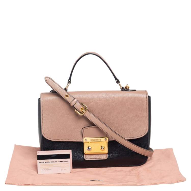 Pre Owned Miu Miu Black/Beige Madras Leather Push Lock Flap Top Handle Bag