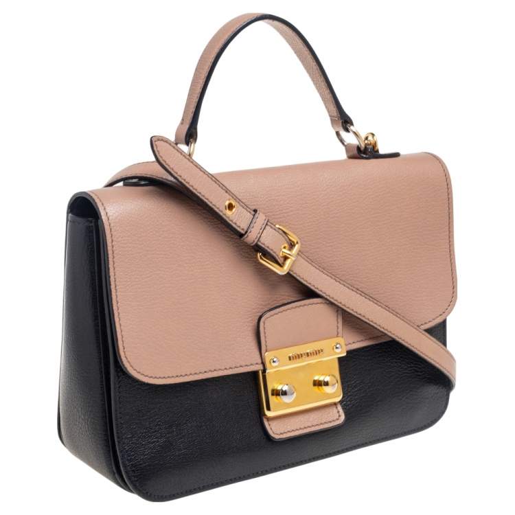 Pre Owned Miu Miu Black/Beige Madras Leather Push Lock Flap Top Handle Bag