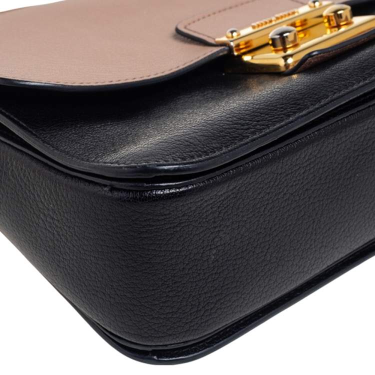 Pre Owned Miu Miu Black/Beige Madras Leather Push Lock Flap Top Handle Bag