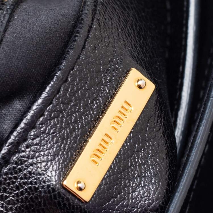 Pre Owned Miu Miu Black/Beige Madras Leather Push Lock Flap Top Handle Bag