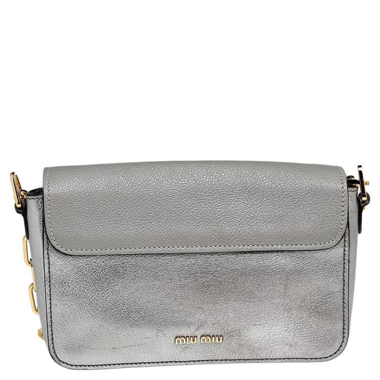 Pre Owned Miu Miu Metallic Silver /Grey Leather Crossbody Bag