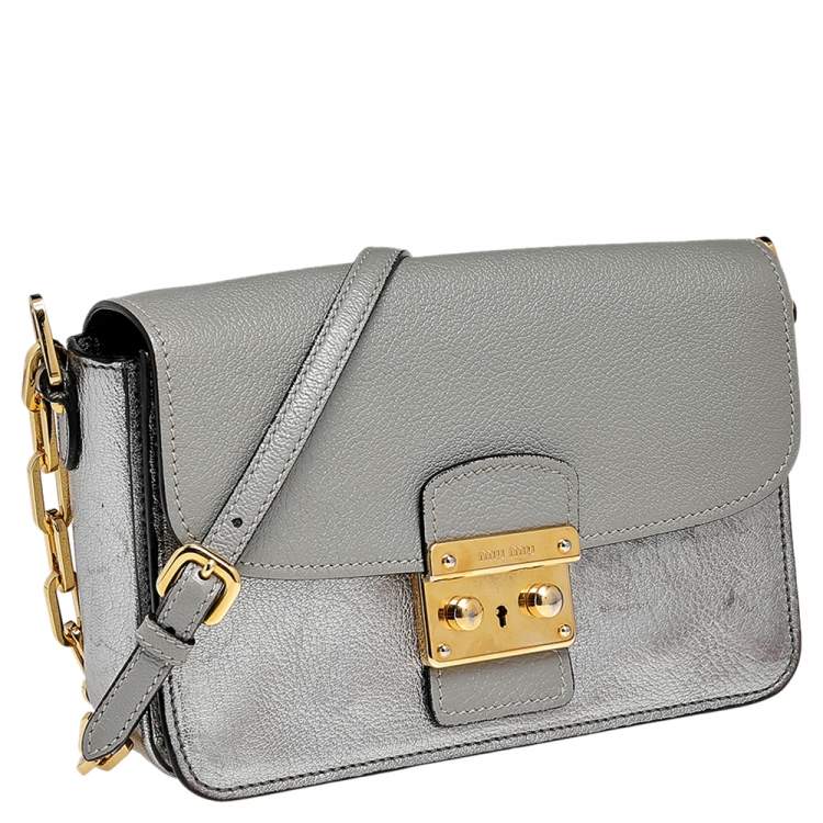 Pre Owned Miu Miu Metallic Silver /Grey Leather Crossbody Bag