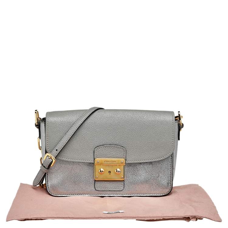 Pre Owned Miu Miu Metallic Silver /Grey Leather Crossbody Bag