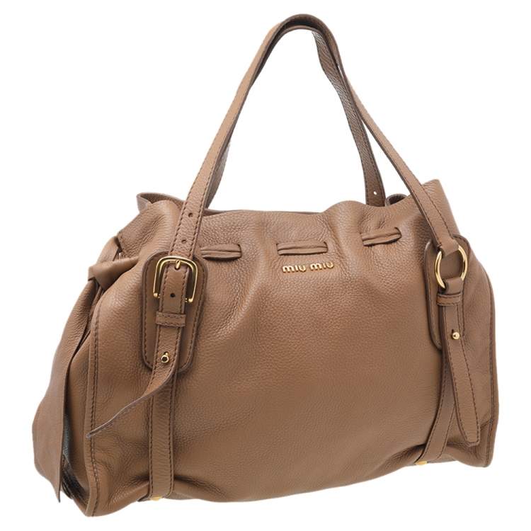 Pre Owned Miu Miu Light Brown Leather Drawstring Shoulder Bag