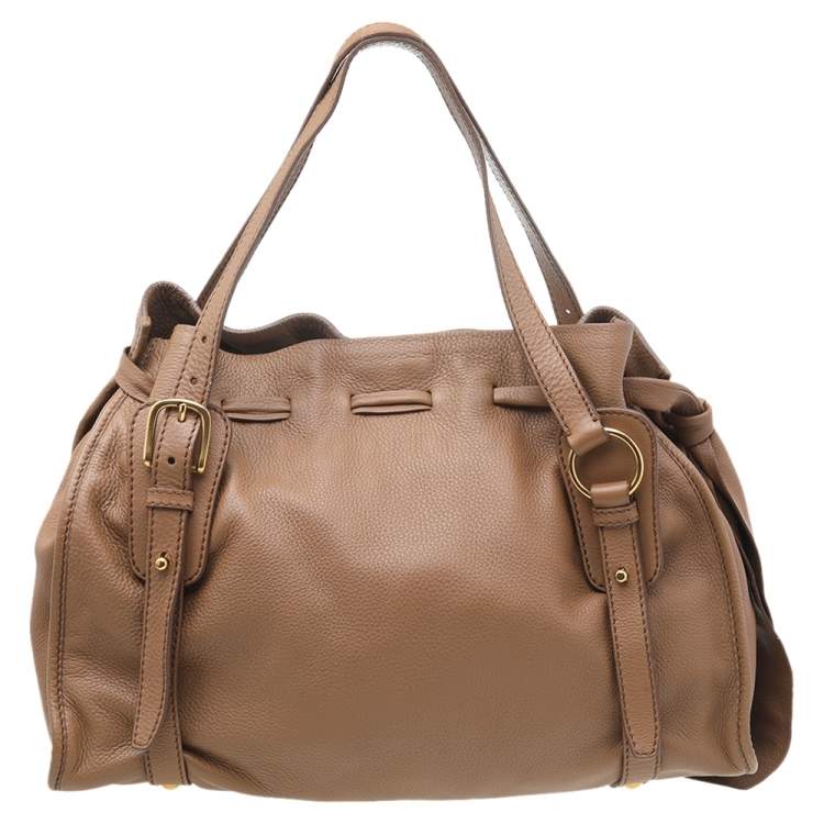 Pre Owned Miu Miu Light Brown Leather Drawstring Shoulder Bag
