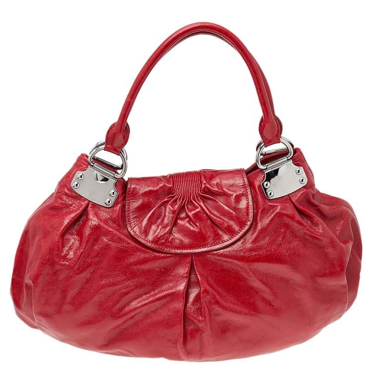 Pre Owned Miu Miu Red Leather Gathered Hobo 