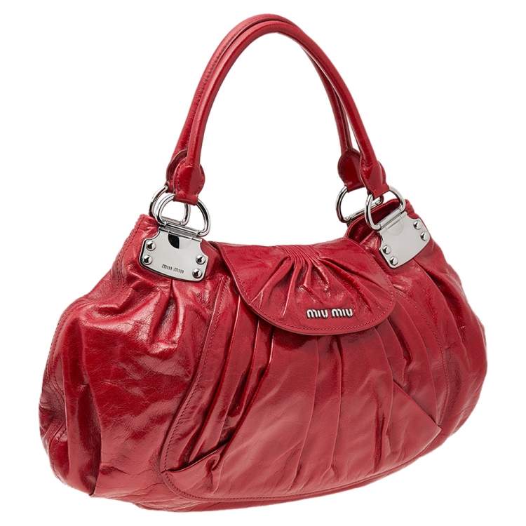 Pre Owned Miu Miu Red Leather Gathered Hobo 