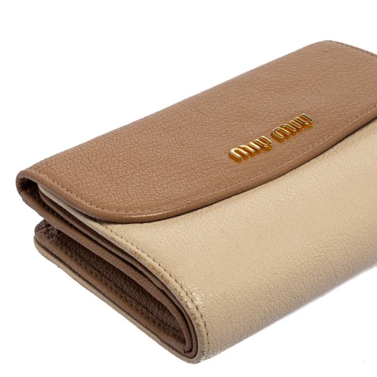 Pre Owned Miu Miu Two Tone Beige Leather Madras Compact Wallet