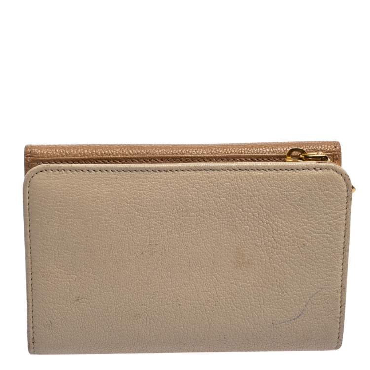 Pre Owned Miu Miu Two Tone Beige Leather Madras Compact Wallet