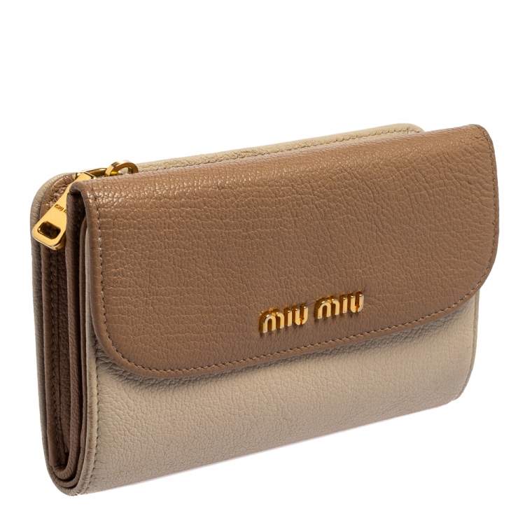 Pre Owned Miu Miu Two Tone Beige Leather Madras Compact Wallet