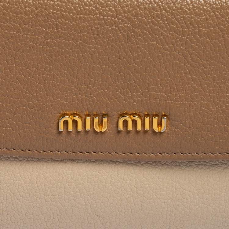Pre Owned Miu Miu Two Tone Beige Leather Madras Compact Wallet